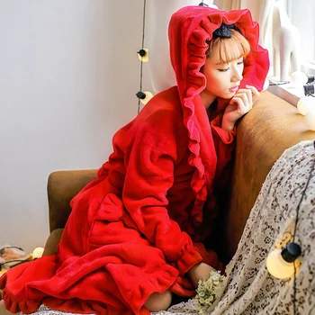 Rudenį, Žiemą Mielas Storas Flanelė Pižamą Moterų Nėriniai Chalatas Susiėmę Sleepwear Pižamą Nusette Femme Puikus moteriškas chalatas 1PCS