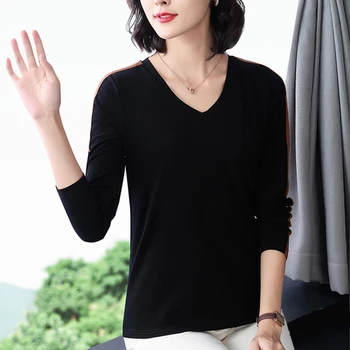 Shintimes Marškinėliai Moterims Kratinys Dryžuotas V-Kaklo, Ilgomis Rankovėmis T-Shirt Rudenį 2020 Medvilnės Marškinėlius Korėjos Plius Dydis Moterų Drabužiai