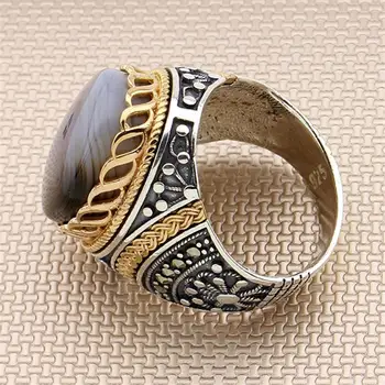 Sterlingas Sidabro Žiedas 925 Su Akmens Vyrų Jemenas Agato Akmuo, Dovana Jam, vyriški Žiedai, Rankų darbo - turkijos Papuošalai