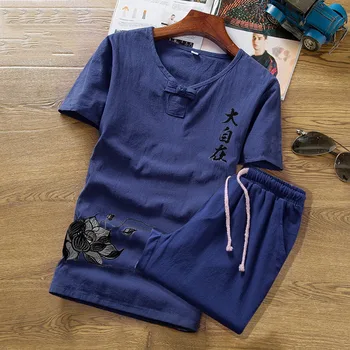 Trumparankoviai marškinėliai vyrams V-kaklo kostiumas Atsitiktinis šortai, drabužiai vasaros drabužių set mygtuką vasaros spausdinti lino nustatyti, M-5XL