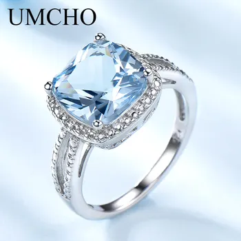 UMCHO Romantiška Sukūrė Dangus Mėlynas Topazas Akmuo Akvamarinas Žiedai 925 Sterlingas Sidabro Žiedai Moterų Sužadėtuvių Dovana Fine Jewelry
