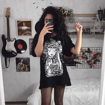 Vasaros Goth seksuali moteris tee estetinės prarasti moterys t-shirt punk tamsiai Grunge streetwear ponios viršų gotikos tshirts Harajuku drabužiai