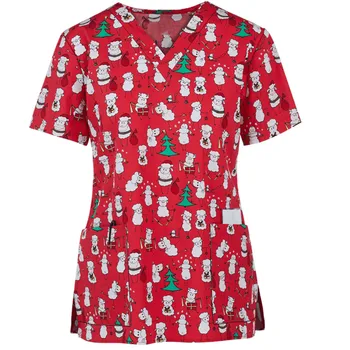 Vasarą Moterys Marškinėliai trumpomis Rankovėmis Santa Claus Spausdinti V-kaklo Viršūnes Darbo Vienodos Kalėdų Padėkos Harajuku T-shirt #