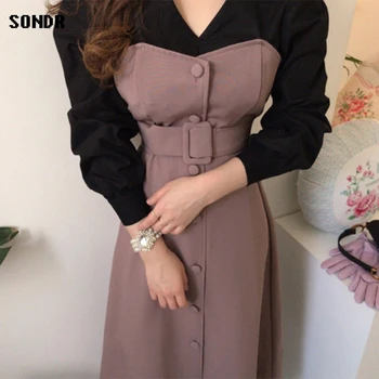 Vientisas Korėjos Moteriška Suknelė Patenka 2020 Elegantiškas V-Kaklo Kontrasto Spalvų Siūlėmis Netikrą Dviejų Dalių Single-Breasted Ilgomis Rankovėmis Suknelė