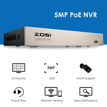 ZOSI H. 265 VAIZDO NVR Saugumo Vaizdo Stebėjimo Recorder 8CH 2MP/5MP Išėjimo Motion Detect už ZOSI POE IP Camera