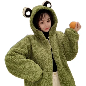 Ėriukų Vilnos Hoodies Moterų Žalia Rudens Žiemos Tirštėti Korėjos Negabaritinių Palaidinės Plius Dydis Kawaii Užtrauktukas, Striukės, Paltai X838