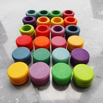 12 spalvų Vaikams, Mediniai Žaislai, Buko Vaivorykštė Monetos ir Žiedai Didina 3D Puzzle Gamta Palaidų Dalių Kūrybinis Žaislas