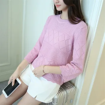 2019 m. pavasarį naujas plonas apvalios kaklo džemperis moterims, laisvas megztinis džemperis mados tendencija tuščiaviduriai dugno marškinėliai moterims