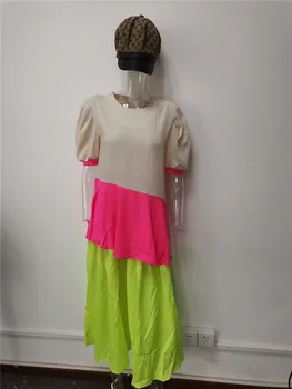 2020 m. naujai Atvykusių Moterų Vasaros Suknelė Femme Spalvų Blokavimo korėjos Prašmatnus O-kaklo, Trumpas Rankovėmis Ilgai Ilgis Suknelės Verano