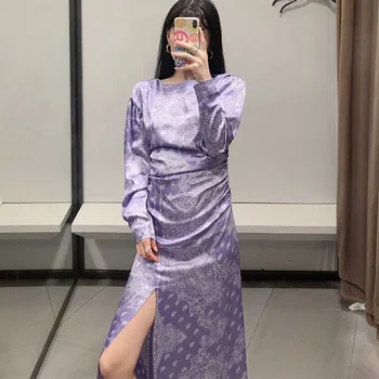 2020 NAUJAS Vasaros moterų suknelė violetinė print long sleeve O-Kaklo padalinta kulkšnies ilgio suknelės moteriška mada moterims, drabužiai