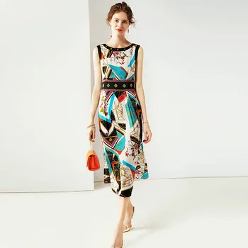 2020 Schinteon Moterims Nekilnojamojo Šilko Print Dress O-Kaklo Elegantiškas A-liniuotas Rankovių Plonas Ilgas Sukneles Nauja