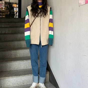 2021 m. rudens žiemos korėjos stilius laisvas spalvų kratinys juostele megzti moteriški megztiniai megztiniai ir puloveriai (C9368)