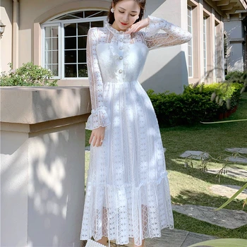 2021 Naujas Moters Suknelė Baltos spalvos Nėrinių kratinys ilgomis rankovėmis saldus atsitiktinis maxi suknelė moteriška šalis rudenį vestido duobute mygtuką
