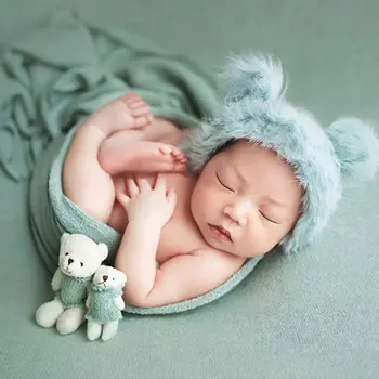3 Vnt/set Naujagimių Fotografijos Prop Purus Ruožas Megzti Wrap su Cute Triušio Kailio Kepurę Meškiukas Žaislų Kūdikių Antklodė Kostiumas
