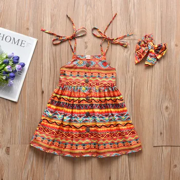 40# Vaikų Suknelės Baby Girl Vasaros Afrikos Etninių Stiliaus Mygtuką Diržas Suknelė Princesė Dress + Lankelis Vaikams Drabužių Mergaičių Suknelė