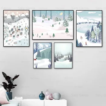 Animacinių Filmų Žiemos Sniego Arenoje Plakatas Šalies Namas Miško Tapetai Meno Tapybos Drobės Spausdinti Amatų Nuotrauką Apdaila Namo