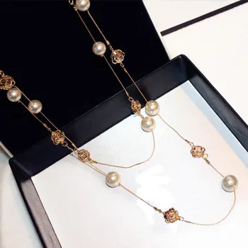 Aukštos Kokybės Rožių Gėlių Pearl dvigubo sluoksnio perlų Vėrinį Collares de moda Ilgai Camellia Karoliai, Šaliai, Papuošalai