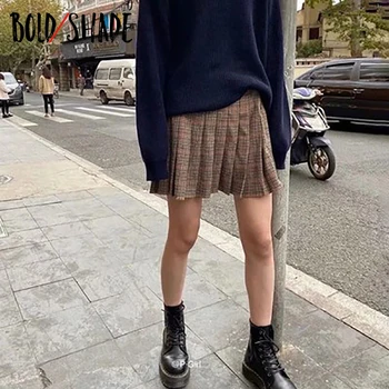 Bold Atspalvį Preppy Stiliaus 90-ųjų Derliaus Teniso Sijonas Streetwear Mados Čiuožėjas Aukšto Juosmens Moterų Indie Klostuotas Mini Sijonai Ruda 2021