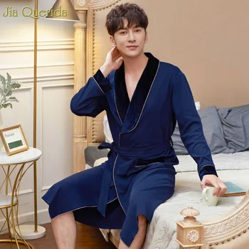 Chalatas Vyrams, Ilgomis Rankovėmis Pižamą Minimalistinio Stiliaus Aksomo Apykakle Manžetai Medvilnės Audinio Chalatas, Vonios Kinijos Royal Blue Kimono Vyras