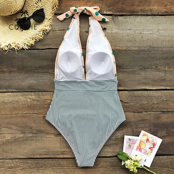 CUPSHE Retro Polka Dot Juostele Apynasrio vientisas Seksualus maudymosi kostiumėlį Giliai V-kaklo Moterų Monokini 2021 Merginų Paplūdimio Maudymosi Kostiumą, maudymosi Kostiumėliai,