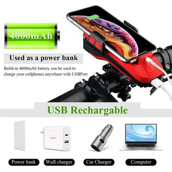 Daugiafunkcis USB įkrovimo dviračių priekinis žibintas atsparus vandeniui dviračių lempos įrengtos mobiliojo telefono laikiklis dviračių priedai