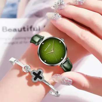 DOM Moterų Laikrodžiai Žvaigždėtą Žalia Dial Reloj Mujer Ponios Laikrodis Itin plonas Odinis Dirželis Kvarcas Montre Femme Dovanų G-1292L-3M