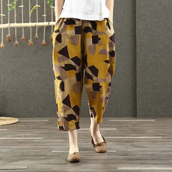 F&je Pavasarį, Vasarą Moterys Pants Plus Size Elastinga Juosmens Geometrinis Medvilnės Skalbiniai Haremo Kelnės Derliaus spausdinimo Prarasti Pločio Kojų Kelnės D44