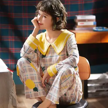 Fdfklak Medvilnės pižama moterims ilgomis rankovėmis namų drabužiai, lėlės žiedo pavasario rudens sleepwear nustatyti mielas animacinių filmų ponios pijamas rinkinys