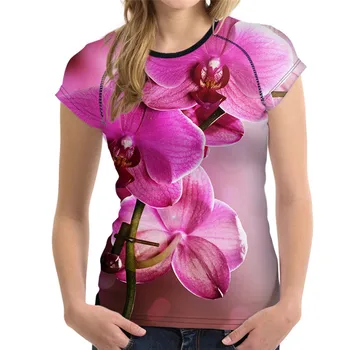 FORUDESIGNS Rožinė, Persiko Žiedų Moterų Marškinėliai 3D Gėlių Spausdinti į Viršų Tees Paauglių Mergaičių Prekės trumpomis Rankovėmis Slim Fit Tee Marškinėliai