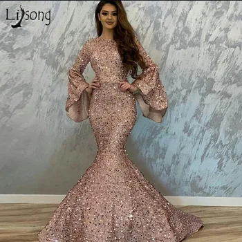 Gana Rose Pink Blizgučiais Undinė Prom Dresses Su Išlyginimu Visą Rankovėmis Elegantiškas Ilgas Prom Chalatai 2019 Vestidos