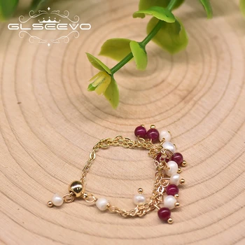 GLSEEVO Natūralių Gėlavandenių Perlų Žiedas Ponios Vestuvių Su Granato Vario Su 18k Auksu Romantiška papuošalai GR0269A
