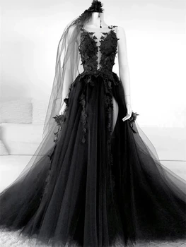 Gothic Black Vestuvių Suknelės, Seksualus Backless Aukšto Pusėje Split-line Bridal Nėrinių Suknelė Vestuvių Suknelės Vestido De Novia