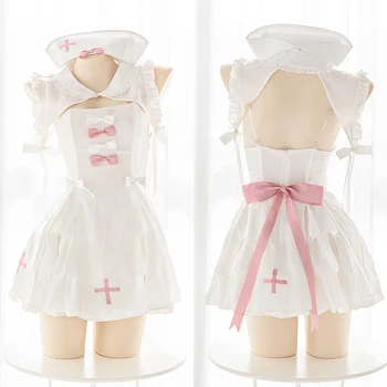Japonijos Moterų, Balta Slaugytoja Vienodai Tiktų Saldūs Burbulas Suknelė Pižama Mergaitėms Mielas Bowknot Susieta Kryžiaus Homewear Pynimas Sleepwear kostiumas