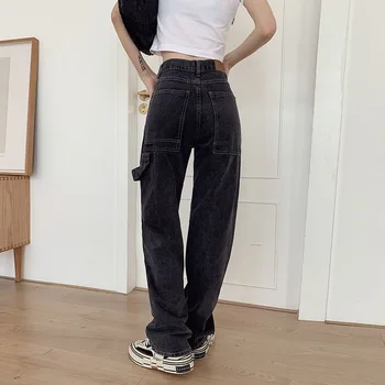 Korėjos Mados Moteris, Džinsai Laisvi Atsitiktinis Tiesios Kojos Highwaist Džinsai Moteriška Streetwear Pavasarį ir Rudenį Kelnės