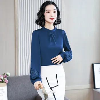Korėjos Mados Šilko Moterims Palaidinės Elegantiškas Moteris Satino Palaidinė Marškinėliai Lady Žibintų Rankovės Tuščiaviduriai Iš Palaidinės, Marškinėliai Plius Dydis Viršūnės