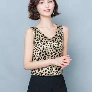 Korėjos Šilko Moterų Viršūnių Moteris Leopard Bako Viršuje Plius Dydis Moterų V-kaklo Satino Rankovių Viršūnes Tees Office Lady Spausdinti Bakas Camis Viršų