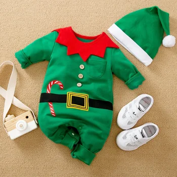 Kūdikis, Kalėdų Kostiumas Žalia Romper Vaikams Berniukams, Mergaitėms ilgomis Rankovėmis Jumpsuits + Skrybėlės 2vnt Outwear Drabužiai Naujagimiams 0-24M