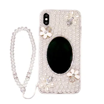 Mados Pilna Deimantų, Perlų Gėlių sudaro Veidrodis Case Cover For Iphone 12 Mini Pro 11 XS Max XR X 8 7 6S Plus SE Prabanga 