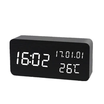 Medienos LED Laikrodis-Žadintuvas Temperatūra Drėgnumas Elektroninis Skaitmeninis Laikrodis, Naktiniai Pabusti Darbalaukio Stalo Laikrodžiai Juodos Despertador