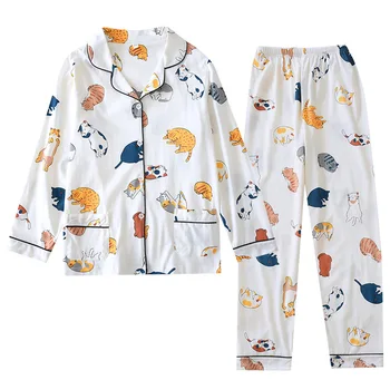 Medvilnės Pižama Moterims 2020 M Cute Kačių Spausdinti Animaciją Namų Drabužių 2vnt Nustatyti Sleepwear Moterų Viršūnių+Kelnės naktiniai marškinėliai Pijama Kostiumas