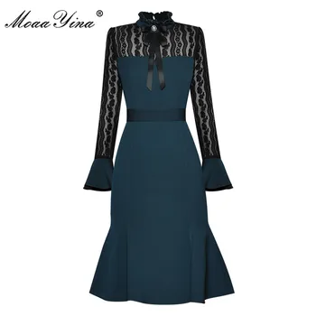 MoaaYina Mados Dizaineris suknelė Rudenį Moterų Suknelė Nėrinių Rankovėmis Varpo Slim Paketą, sėdmenų Undinė Suknelės