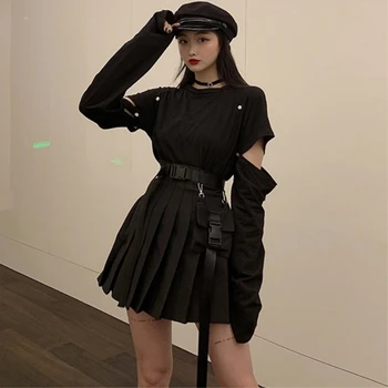 Moteriški dviejų dalių rinkiniai 2020 m. pavasarį korėjos drabužių harajuku mados juoda atsitiktinis palaidų long sleeve T-shirt ir klostuotas sijonas rinkinys
