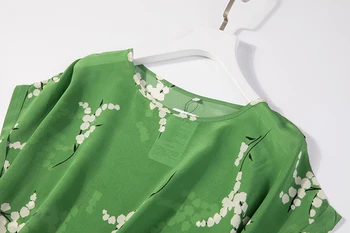 Moterų Gryno Šilko Trumpas rankovės Top Marškinėliai Palaidinė žalios spalvos Gėlių Plius Dydis M-3XL JN017-2