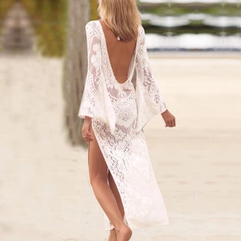 Moterų Nėriniai Backless Mezgimo Nėrimo Bikini Maudymosi Kostiumai Padengti Iki Balti Nėriniai Paplūdimio Suknelė Drabužių Backless Maudymosi Kostiumas