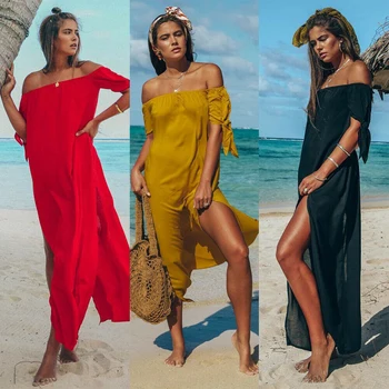 Moterų Sexy Off Peties Aukštos Padalinta Maxi Dress Lady Vasaros Paplūdimio Atsitiktinis, Kietas Trumpas Rankovės Prarasti Ilga Suknelė Mergaitėms Sundress