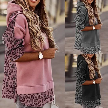 Naujas Leopard Print Kratinys hoodies Palaidinukė Moterų Derliaus prarasti ilgomis Rankovėmis Streetwear Viršuje 2021 m. pavasario Žiemos Gobtuvu Megztinis