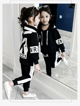 Naujų mergaičių žiemą dėvėti juodos spalvos storas kašmyras kostiumas korėjos vaikus, drabužiai Vaikams cuhk gobtuvu stilingas kelnės dviejų dalių apranga ST19094