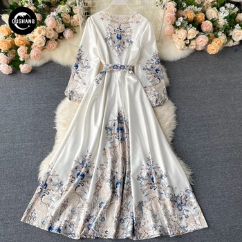 OUSHANG Bowknot minkštas retro spausdinimas užsienio sluoksniuotos rankovėmis chic švelnus vėjo ilga suknelė Palace vėjo moterų pavasario 2020 m nauja suknelė