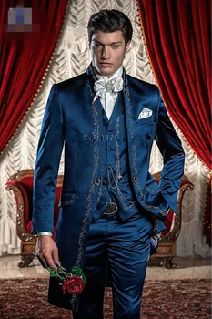 Pagal užsakymą Pagaminti Klasikinio Stiliaus, Mėlynos spalvos Siuvinėjimo Jaunikis Tuxedos Groomsmen vyriški Vestuvių Prom Ilgai Kostiumai pagal Užsakymą (Striukė+Kelnės+Liemenė)