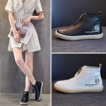 Priekinis užtrauktukas maži balti batai moterų 2020 m. naujų rudens plona oda Britų stiliaus universalus trumpas batai, aukštos viršų batai